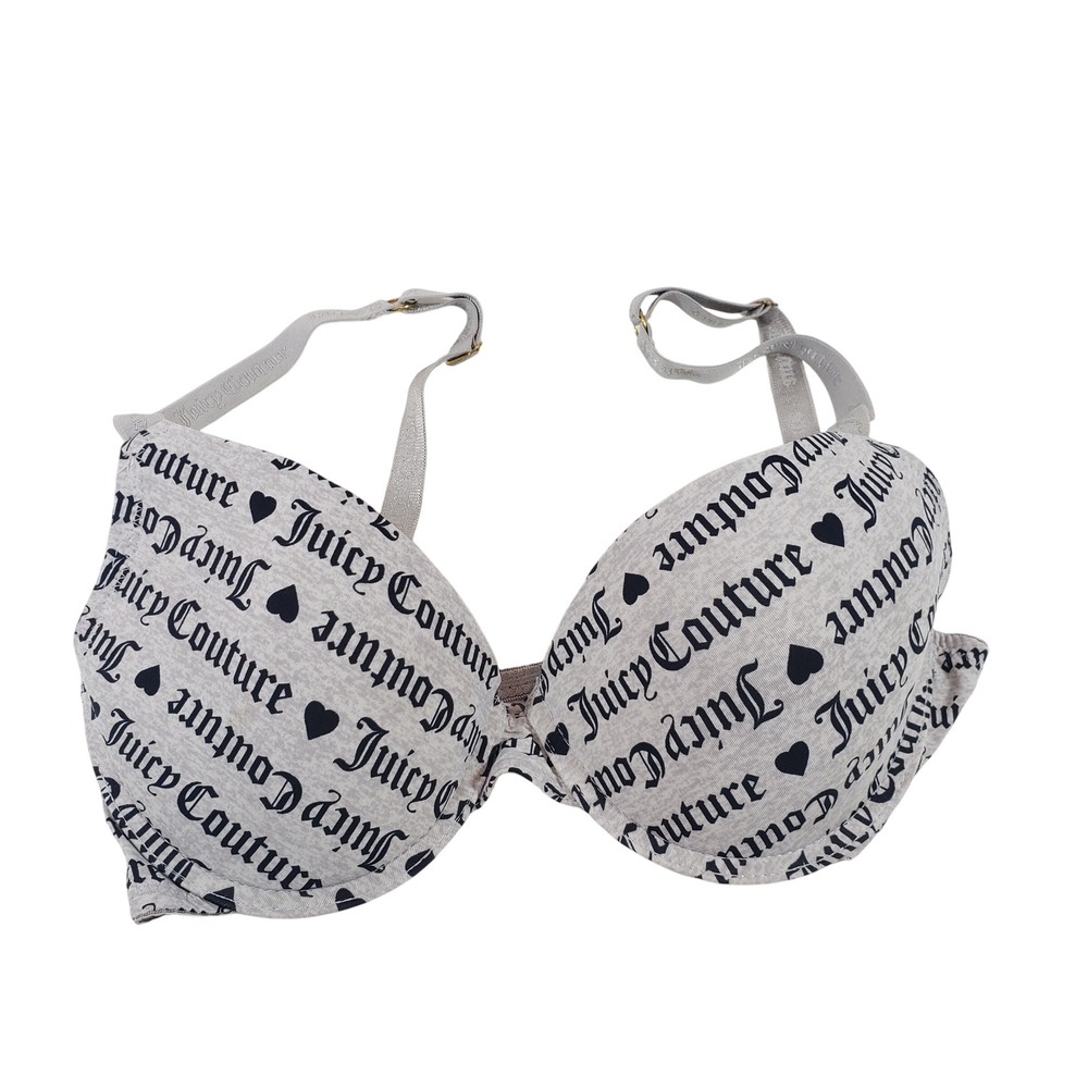 Juicy Couture Bra 34C Gray Heart Print Logo Adjustable Everyday‎ Comfort
